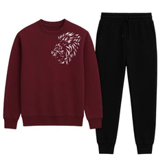 LION Printed Maroon Tracksuit Sweatshirt & Trouser | Warm & Comfortable Winter Wear | Medium