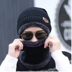 Winter Wool Cap with Neck Warmer Set | Thermal Beanie & Scarf Combo for Men and Women | Black And Gray