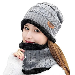 Winter Wool Cap with Neck Warmer Set | Thermal Beanie & Scarf Combo for Men and Women | Gray