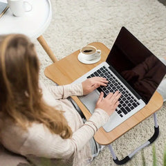 Laptop Table | Beige Color | Foldable Legs, Tablet Groove & Cup Slot | Perfect for Working, Reading, Writing, and Eating