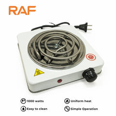 White RAF R.8010B Electric Stove Hot Plate and Cooker with 1000W Power, Thermostat, and Uniform Heating